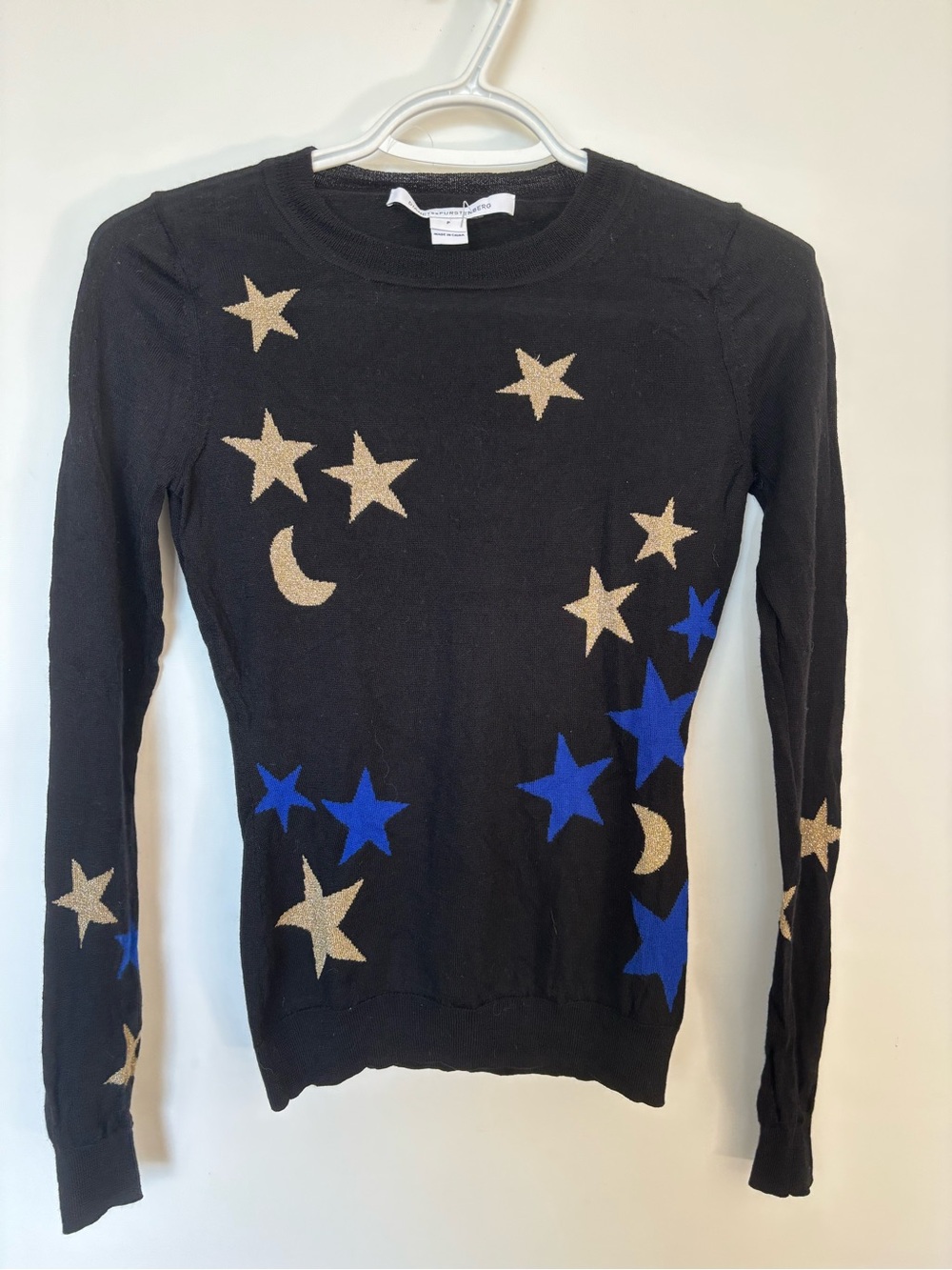 Diane Von Furstenberg Black wool Sweater with Blue & Gold Celestial Motifs